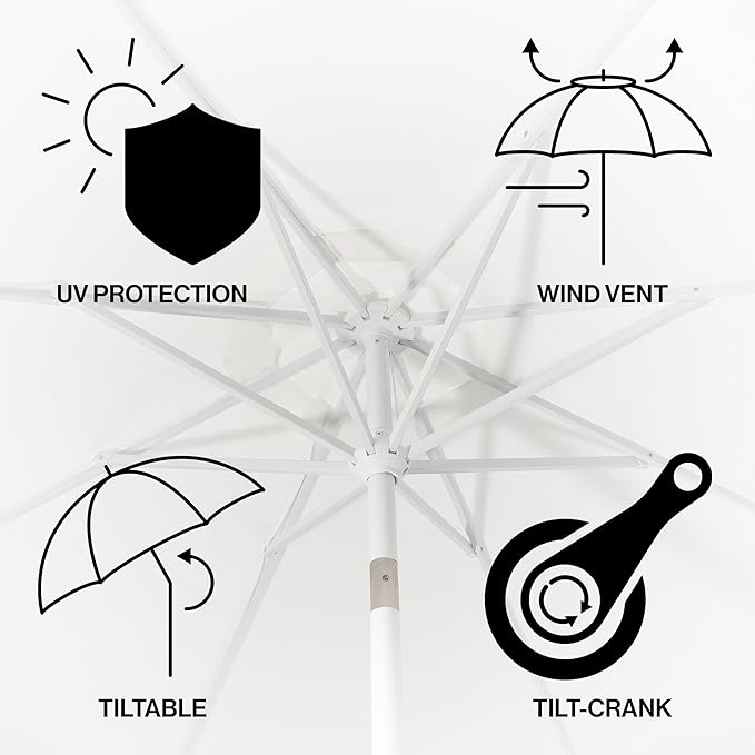 JONATHAN Y UMB1000A Baiona 9 ft. Classic MidCentury Market Patio Umbrella with UV Protection, Auto-Tilt, Crank and Wind Vent in White/Navy