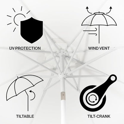 JONATHAN Y UMB1000A Baiona 9 ft. Classic MidCentury Market Patio Umbrella with UV Protection, Auto-Tilt, Crank and Wind Vent in White/Navy