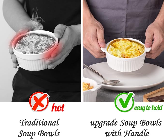 Delling Ramekins with Handle, 6 PACK Soup Bowls for French Onion Soup, Pot Pie, Lava Cakes, Creme Brulee, 12 Oz Porcelain Souffle Dish for Baking, White