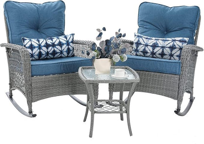 Patio Furniture Set 3 Pieces, Wicker Rocking Bistro Set with Thick Cushions, Outdoor Rocker Chairs and Coffee Table for Porch, Backyard or Garden (Blue)