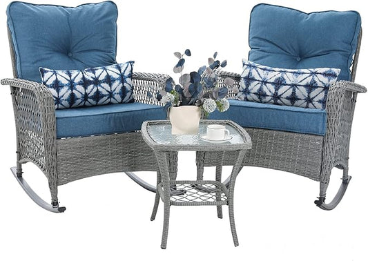 Patio Furniture Set 3 Pieces, Wicker Rocking Bistro Set with Thick Cushions, Outdoor Rocker Chairs and Coffee Table for Porch, Backyard or Garden (Blue)