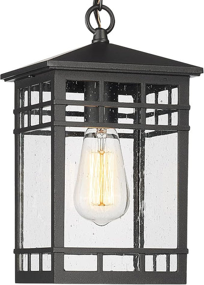 Treekee Outdoor Pendant Lighting, Hanging Lantern with Adjustable Chain, Exterior Hanging Porch Light in Black Finish with Seeded Glass, Outside Pendant Lamp for Front , Entry, Patio, Gazebo