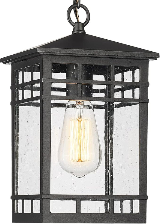 Treekee Outdoor Pendant Lighting, Hanging Lantern with Adjustable Chain, Exterior Hanging Porch Light in Black Finish with Seeded Glass, Outside Pendant Lamp for Front , Entry, Patio, Gazebo
