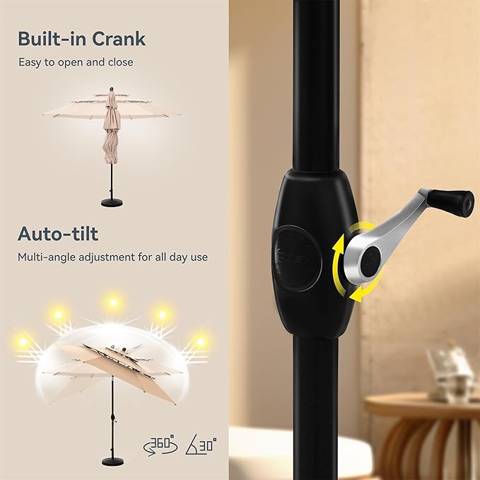 PHI VILLA 5 Piece Patio Dining Set with 10FT Umbrella (Beige), Outdoor Table and Chairs Set with Patio Folding Dining Chairs & Metal Square Dining Table for Yard Garden Deck