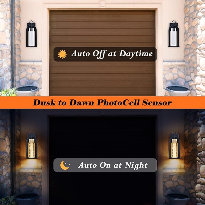 Dusk to Dawn LED Outdoor Wall Light, 14" Black Wall Lantern with Crystal Bubble Glass, Exterior Light Fixture with Photocell Sensor, IP65 Waterproof Anti Rust Outdoor Lighting for House, Garage, Porch
