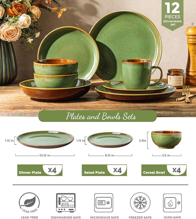 LERATIO Ceramic Dinnerware Sets for 4, 12 Pieces Ceramic Plates and Bowls Sets, Scratch Resistant Dish Set, Oven, Microwave & Dishwasher Safe-Sage Meadow Green