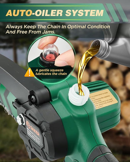 Saker Mini Chainsaw with Auto Oiler|6 Inch Chainsaws[2025 Upgraded]|Mini Cordless Electric Chain Saw|Small Handheld Portable Chainsaw Battery Powered for Tree Trimmer and Garden 2 Batteries+3 Chains