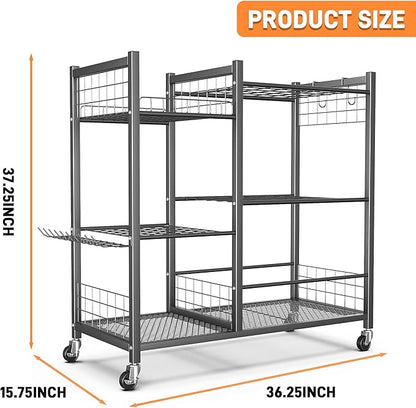 TORACK Garden Tool Stand with Wheels, Rakes Shovels Holder Yard Tools Organizer for Garage, Garden, Shed Indoor/Outdoor Long-Handled Tools Cart(Tool stand with side shelves)