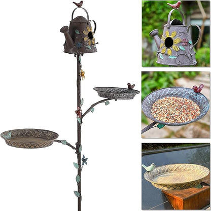 Bird Baths and Bird Houses with Pole, 67.9" H Metal Bird House Stake, Standing Feeder and Bath Combo, Birdhouses for Outdoors, Tall Bird Bath with 4-Prong Stake for Outside Garden Decor
