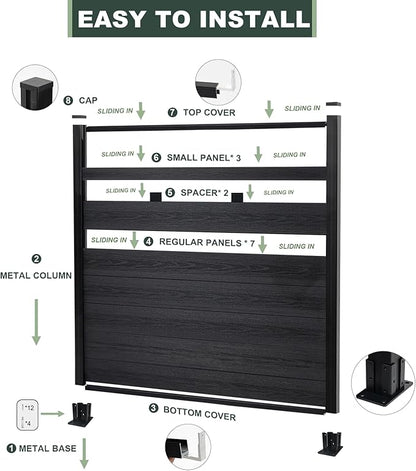 Mondaria Semi-Closed Privacy Fence Panels with 1 Post for Outside, 6ft(W) x 6ft(H), Wind Resistant Wood Plastic Composite Fencing Panels for Patio, Backyard, Garden and Pool, Black