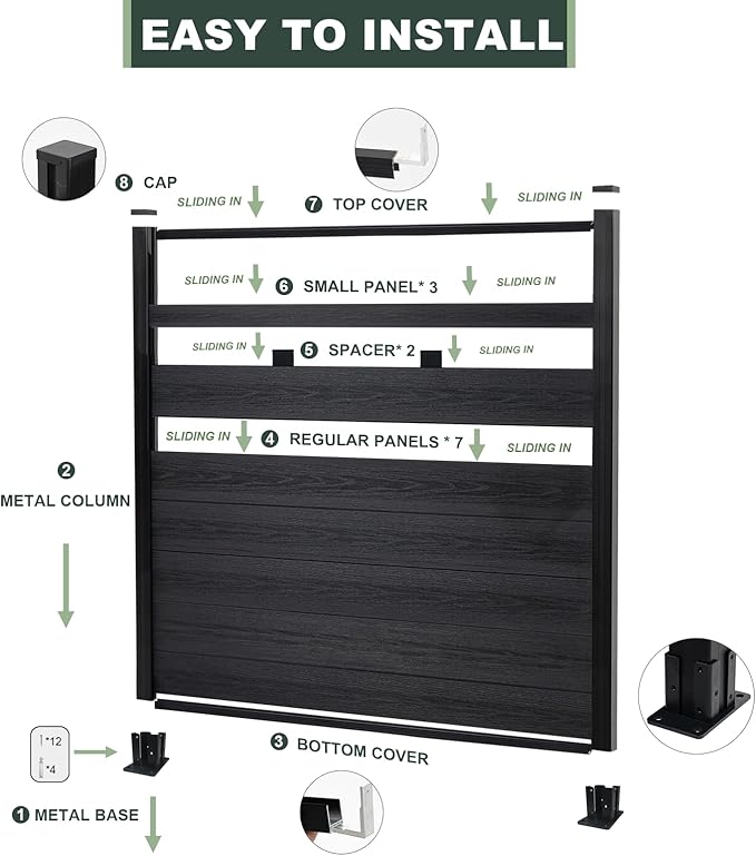 Mondaria Semi-Closed Privacy Fence Panels with 2 Posts for Outside, 6ft(W) x 6ft(H), Wind Resistant Wood Plastic Composite Fencing Panels for Patio, Backyard, Garden and Pool, Black