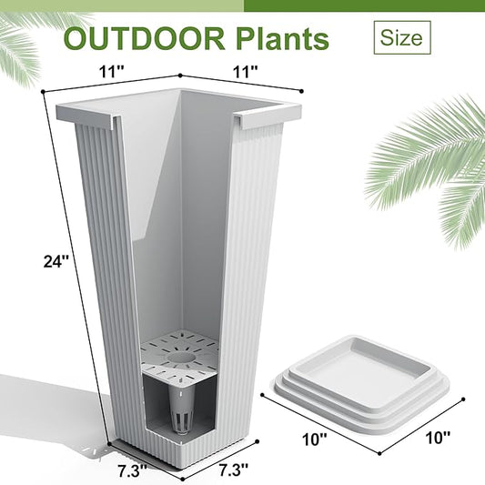 24-Inch Tall Planters Set of 2 for Outdoor and Indoor Use, Tapered Flower Pots with Drainage Tray, Front Porch and Patio Decor, Ideal for Large Plants (Stripes-White)