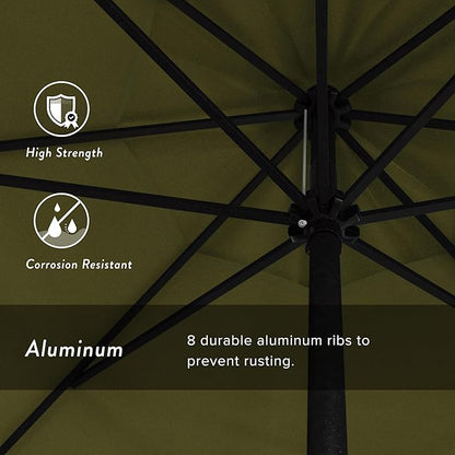 California Umbrella 9' Rd Aluminum Patio Umbrella, Crank Lift, Auto Tilt, Black Finish, Sunbrella Cilantro