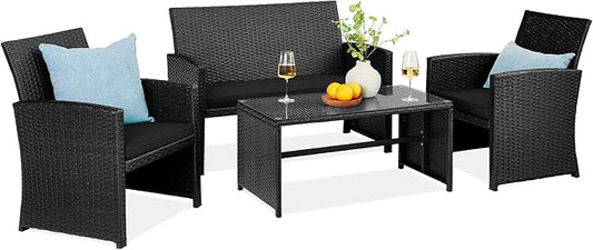 Best Choice Products 4-Piece Outdoor Wicker Patio Conversation Furniture Set for Backyard w/Coffee Table, Seat Cushions - Black/Black
