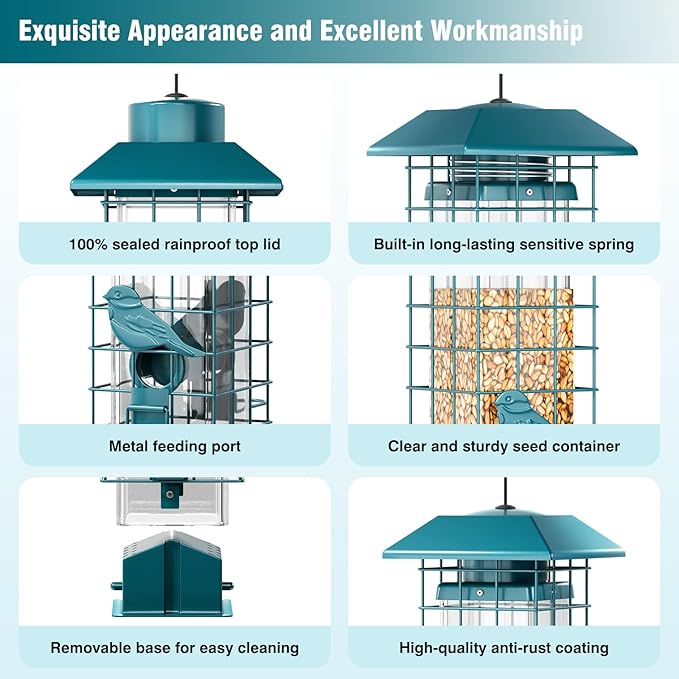 Squirrel Proof Metal Bird Feeder, Removable Base for Easy Cleaning, Weight Activated Cage, 3 Lbs Capacity, Sturdy and Rust-Resistant, Tube Bird Feeder for Outdoor Cardinals, Finches