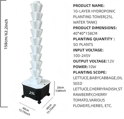 TIRUSSS Hydroponic Growing System Kit, Aeroponic Tower 50 Hole Garden Vertical Vegetable Planting System with Pump and Mobile Water Tank