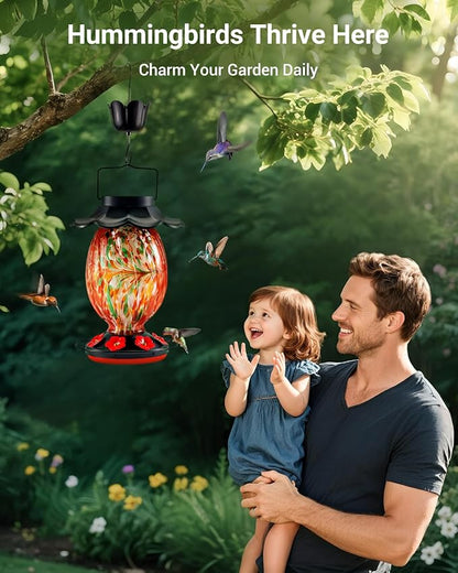 Solar Hummingbird Feeder - 49 fl.oz Hand Blown Glass Color Changing - 7 Feeding Ports with Perch - Never Leak - Perfect Hummingbird Feeder