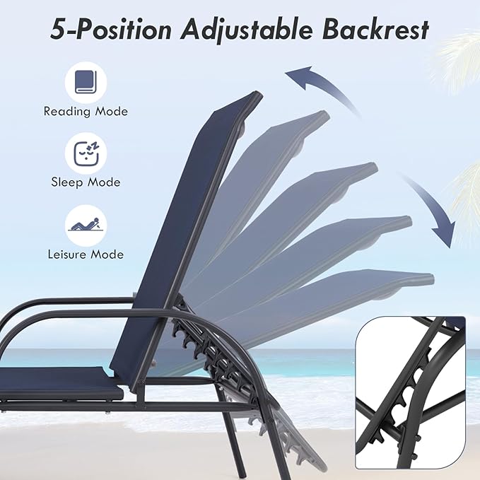 Giantex Patio Lounge Chair, Outdoor Chaise Lounge with 5 Adjustable Backrest, Sturdy Steel Frame, Sunbathing Recliner, Tanning Chair for Beach, Outside, Yard, Balcony, Pool Chairs, Navy