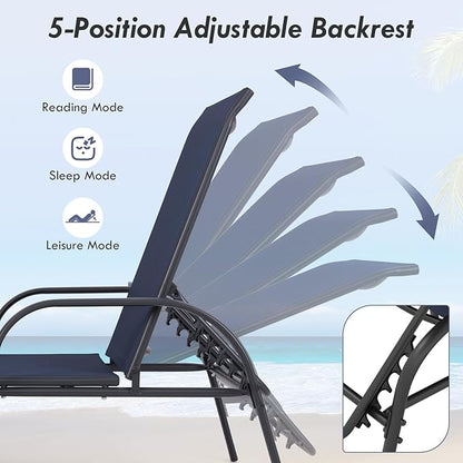 Giantex Patio Lounge Chair, Outdoor Chaise Lounge with 5 Adjustable Backrest, Sturdy Steel Frame, Sunbathing Recliner, Tanning Chair for Beach, Outside, Yard, Balcony, Pool Chairs, Navy