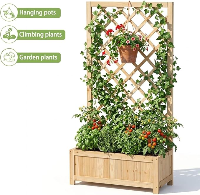 Wooden Raised Garden Bed with Trellis, 47" Outdoor Planter Box for Climbing Plants, Vertical Natural Wood Garden Planter for Vegetables, Flowers & Vines, Lattice Plant Support for Patio Yard Balcony