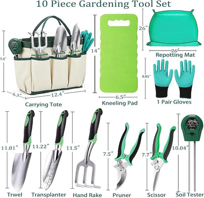 10 Piece Heavy-Duty Gardening Tools Set with Soil Moisture Meter - Rust-Proof Aluminum Gardening Hand Tools with Ergonomic Non-Slip Rubber Grips - Gardening Supplies Ideal Gift for Men & Women
