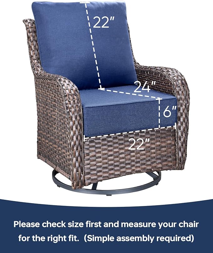Luxury 22x24/22x25 6-Inch Outdoor Deep Seat Cushions Set of 6 - Comfortable Patio Zipper Chair Cushion for Wicker Dining Rocking Swivel Chairs Loveseat Couch Sectional Sofa - Navy Blue
