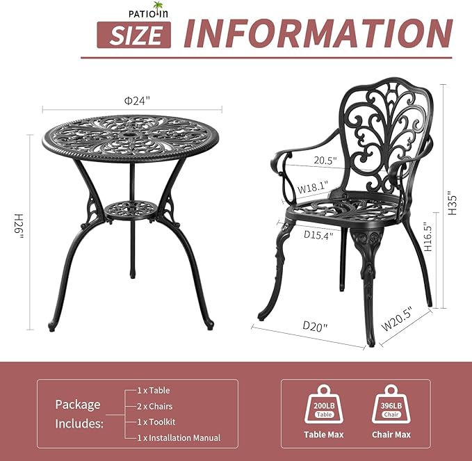 3 Piece Outdoor Bistro Set, Rustproof Outdoor Patio Furniture, Cast Aluminum Bistro Table Set with Umbrella Hole for Backyard, Balcony, Front Porch, Lawn, Pool (Black)