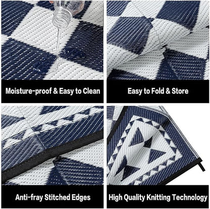 HUGEAR Outdoor Waterproof Rug 6'x9' Plastic Straw Rugs Washable Reversible Floor Mat Blue Plaid Carpet for Camping RV Deck Entryance Porch Picnic Balcony Beach Backyard