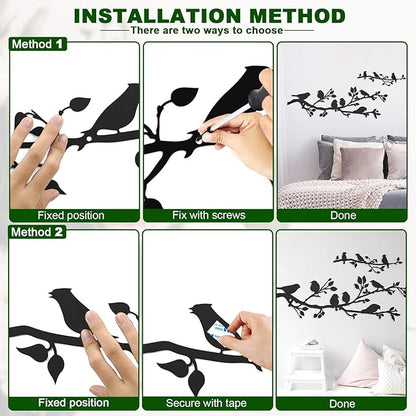 ULENDIS 3Pcs Large Metal Birds Wall Art, Bird on Branch Metal Birds Wall Decor Leaves with Bird Silhouette Sculpture, Ornament Branch Wall Hanging Sign for Balcony Garden Indoor Outdoor Decor