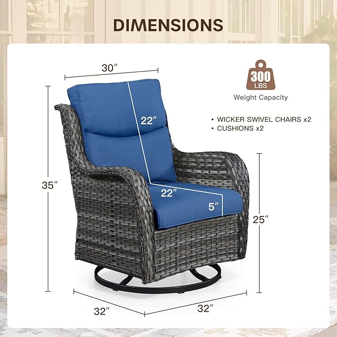Patio Swivel Chair Set of 2, Resin Wicker Swivel Patio Glider Chairs with Smile-Shaped Cushions, High Back Luxury Swivel Patio Glider Chairs for Outdoor, Brown Wicker|Blue Cushions