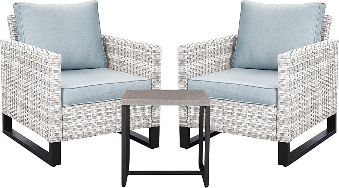 Wicker Outdoor Patio Chairs Set - 3 Piece Rattan Patio Furniture Bistro Chairs Set with Waterproof Wicker,Comfortable Cushions and Sturdy Metal Frame for Porch Deck Backyard(Light Grey/Sky Blue)