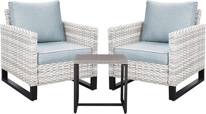 Wicker Outdoor Patio Chairs Set - 3 Piece Rattan Patio Furniture Bistro Chairs Set with Waterproof Wicker,Comfortable Cushions and Sturdy Metal Frame for Porch Deck Backyard(Light Grey/Sky Blue)