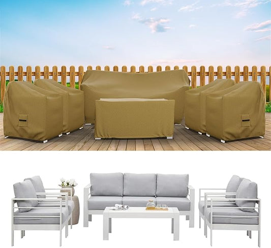 Covers & All Patio Furniture Cover Set, 6 Piece Outdoor Furniture Covers, Water-Repellent UV & Weather Resistant Covers for Sofa, Chairs & Coffee Table with Elastic Tie-Downs & Padded Handles