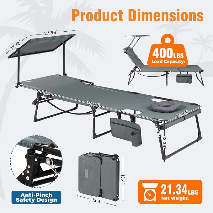 Tanning Chair with Face Hole & Canopy, 28'' Extra Wide, Dark Grey | Folding Chaise Lounge Chair with 4-Position Adjustable Backrest for Beach, Pool, Patio & Camping
