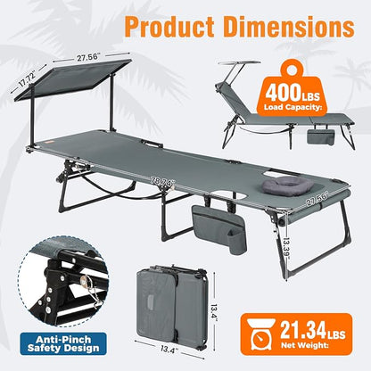 Tanning Chair with Face Hole & Canopy, 28'' Extra Wide, Dark Grey | Folding Chaise Lounge Chair with 4-Position Adjustable Backrest for Beach, Pool, Patio & Camping
