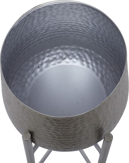 CosmoLiving by Cosmopolitan Metal Indoor Outdoor Planter Hammered Large Planter Pot with Removable Stand, Set of 2 Planters 19", 16"H, Silver