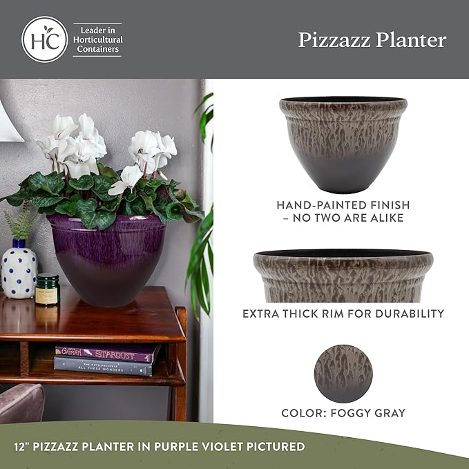 The HC Companies 16 Inch Pizzazz Round Planter Pots with Ceramic Look, Lightweight UV-Resistant Plastic Indoor & Outdoor Planters, 2-Pack Flower Pots for Garden & Home Decor, Foggy Gray