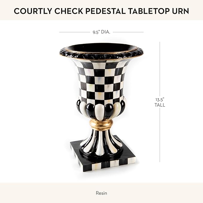 MACKENZIE-CHILDS Pedestal Tabletop Urn, Decorative Centerpiece for Table, Mantel, or Shelf, Tall, Black-and-White Courtly Check