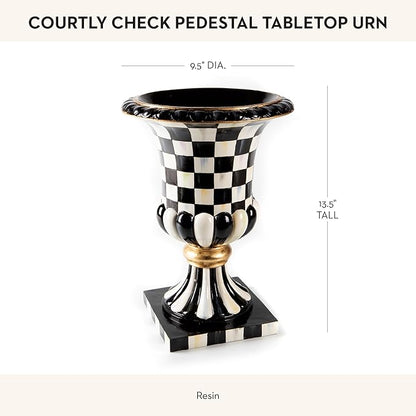 MACKENZIE-CHILDS Pedestal Tabletop Urn, Decorative Centerpiece for Table, Mantel, or Shelf, Tall, Black-and-White Courtly Check