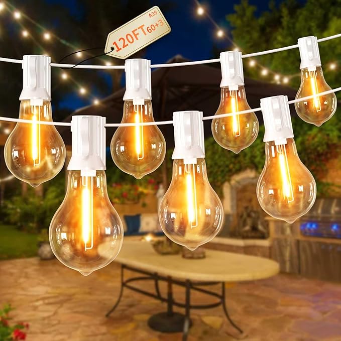 String Lights for Outside 120ft Waterproof with 60+3pcs A39 Shatterproof Edison Bulbs Outdoor String Lights for Patio, Yard, Cafe, Bistro, Market, Warm White 2200k