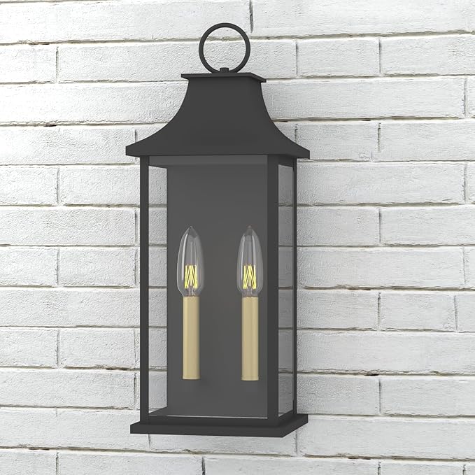 Dusk to Dawn Outdoor Wall Lantern 2-Light, 20.6" Large Outside Wall Sconce, Modern Black Wall Light Fixture with Glass, Waterproof Exterior Lamp for House, Porch, Garage