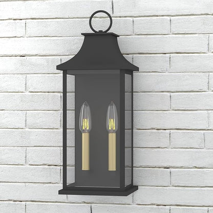 Dusk to Dawn Outdoor Wall Lantern 2-Light, 20.6" Large Outside Wall Sconce, Modern Black Wall Light Fixture with Glass, Waterproof Exterior Lamp for House, Porch, Garage