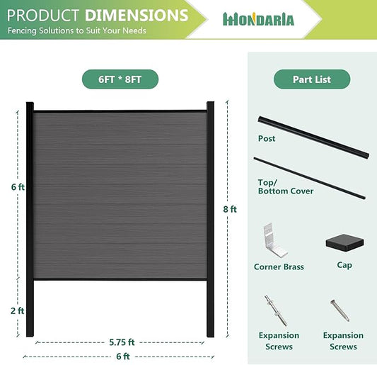 Mondaria Fence Privacy Screen with 8ft In-ground Posts, 6ft(H) x18ft(W) Wood Plastic Composite Fence Panels Weather-Resistant Outdoor Fence for Backyard/Garden (Silver Gray, 4 Posts)