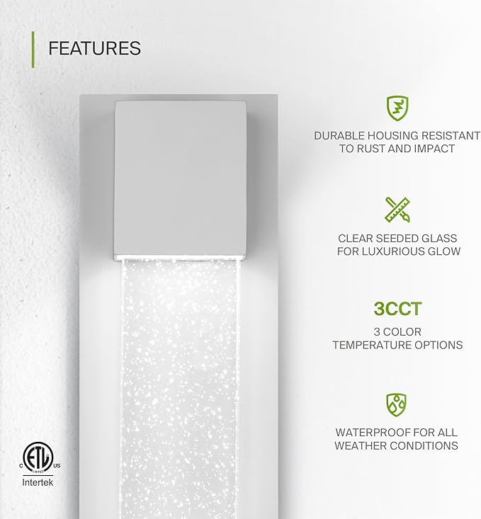 ASD LED 13" Bubble Glass Wall Light Fixture, Outdoor & Indoor Seeded Sconce | 3CCT, Waterproof, Dimmable, ETL Listed | 12W 500LM 3000-5000K 120V | Exterior Lantern, Porch Lighting | White, 2 Pack