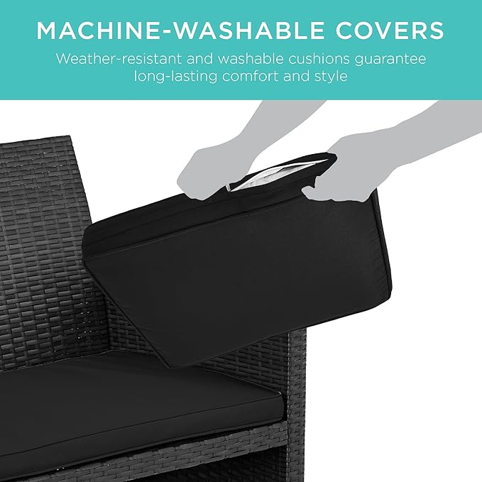 Best Choice Products 4-Piece Outdoor Wicker Patio Conversation Furniture Set for Backyard w/Coffee Table, Seat Cushions - Black/Black