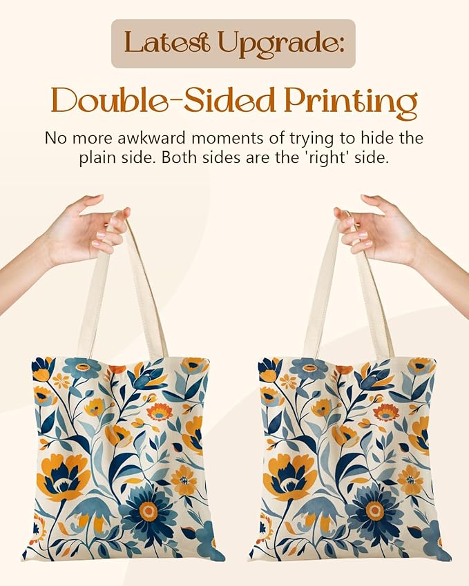 Miss Adola Canvas Tote Bag for Women – Aesthetic Canvas Bag with Zipper Cute Stylish Reusable Shoulder Totes for Shopping Work Daily Vacation, Blue Yellow Flower
