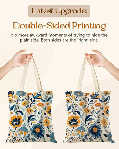 Miss Adola Canvas Tote Bag for Women – Aesthetic Canvas Bag with Zipper Cute Stylish Reusable Shoulder Totes for Shopping Work Daily Vacation, Blue Yellow Flower