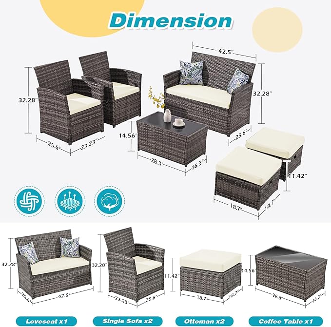 6 Piece Patio Furniture Set, Outdoor Wicker Conversation Set, Rattan Sectional Sofa Couch with Glass Coffee Table & Ottomans for Backyard, Porch, Garden, Poolside, Grey/Beige