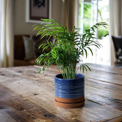 HERDUK 6 Inch Plant Pots, Ceramic Planter Pot with Drainage Hole & Saucer, Indoor/Outdoor Cylinder Round Planter Pot, Aqua Blue & Terracotta Red