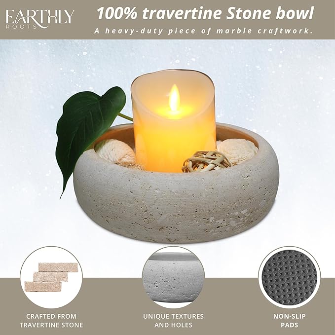 Travertine Decorative Bowl, 7.5” Natural Stone Candy Bowl, Coffee Table Catchall Dish for Living Room, Candle, Key, Trinket Holder & Hand Crafted Home Decor